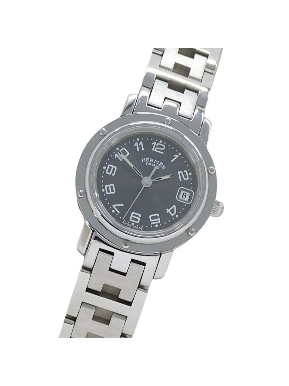 Hermes Watch Clipper Date Quartz Stainless Steel Silver Gray